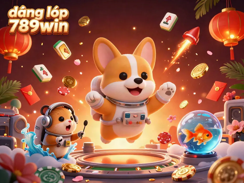 Experience exciting gameplay with đăng nhập 789win, featuring a floating corgi, coins, and festive elements.