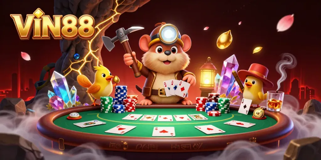Engage with VIN88's immersive casino adventure featuring a treasure hunter mole amidst rich poker elements.