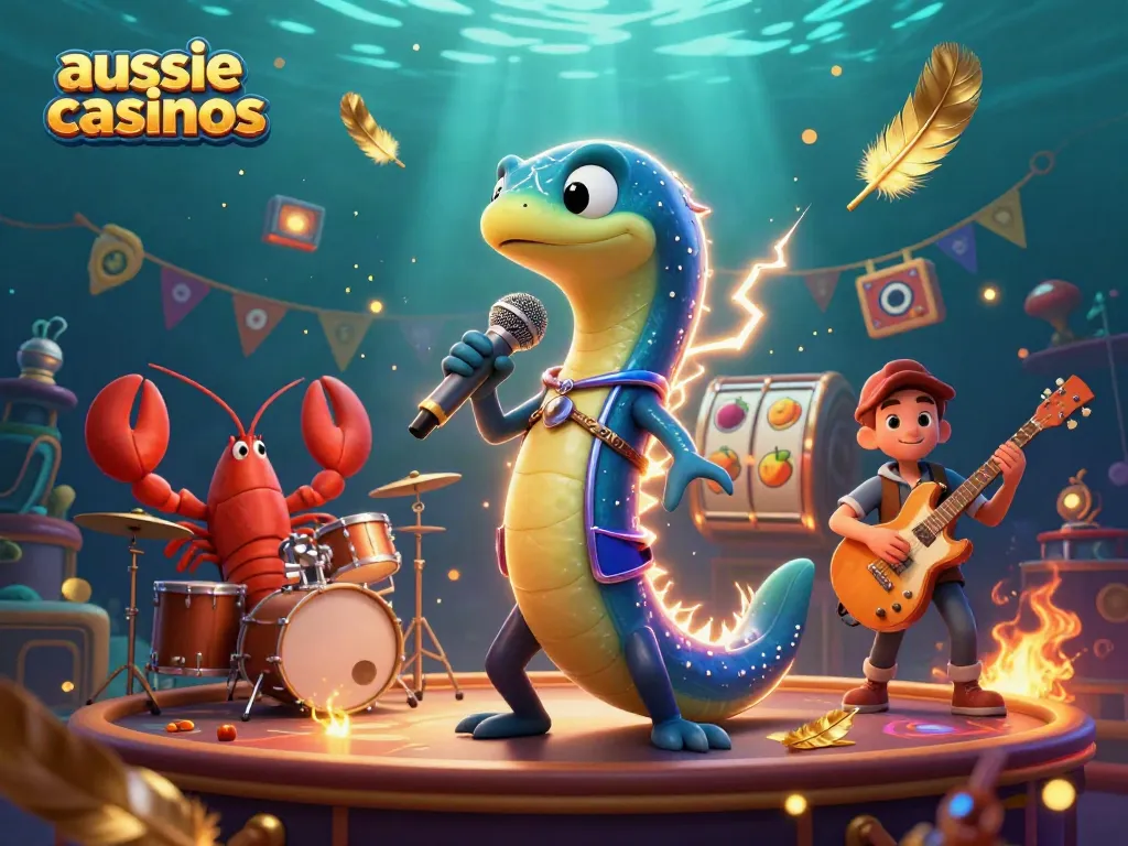 A dynamic performance scene featuring an electric eel DJ, lobster drummer, and seahorse guitarist amidst lively aussie casinos atmosphere.