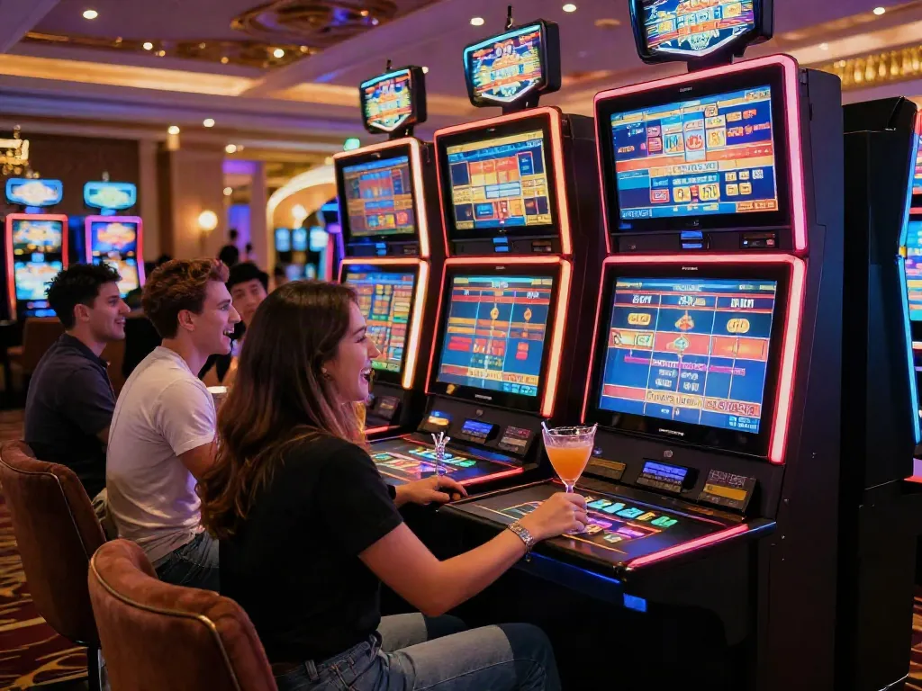 Luxury12 players enjoying slots in a vibrant casino atmosphere.