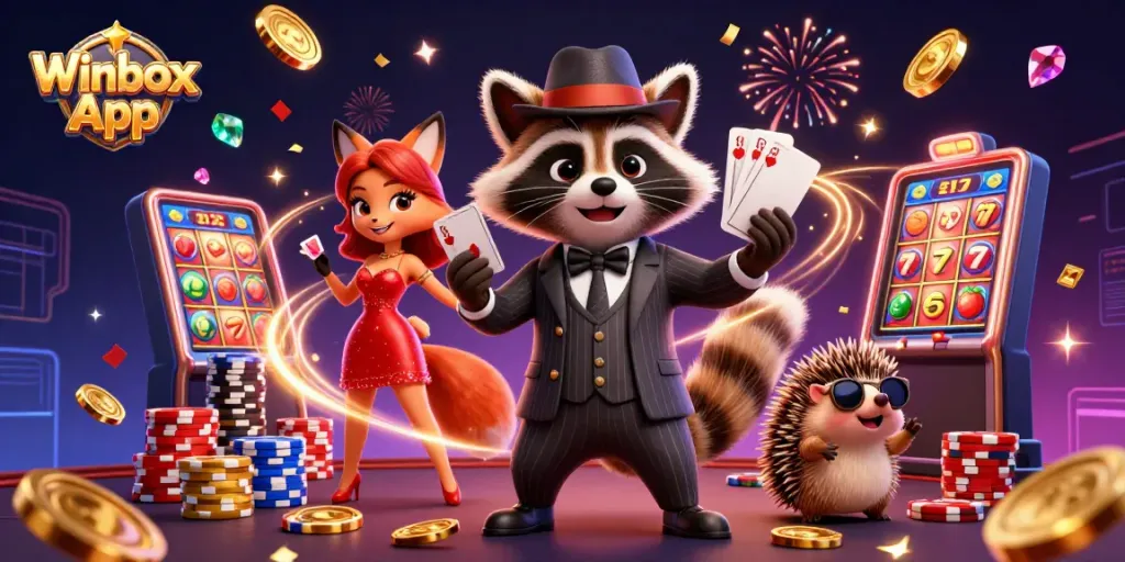 Engage with the Winbox App as characters share luck and excitement at a vibrant casino scene.