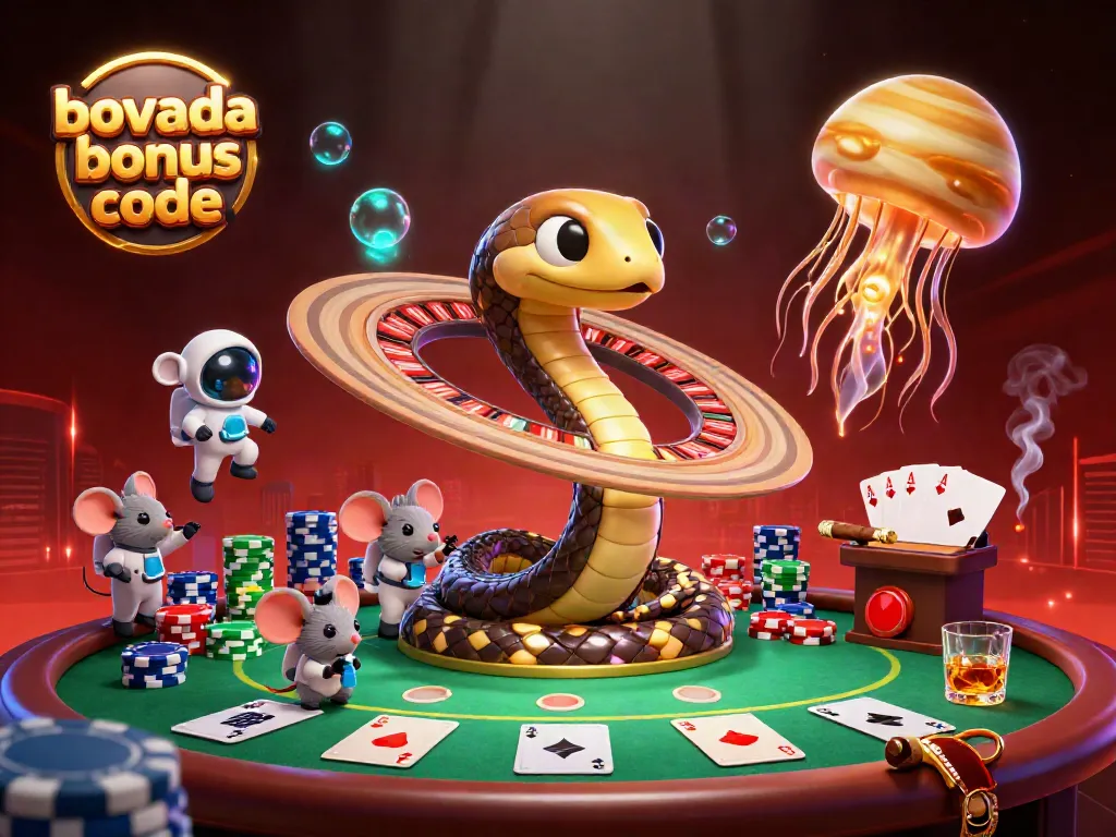 Immerse in the universe of Bovada bonus code with a cosmic casino scene featuring 3D characters and poker elements.