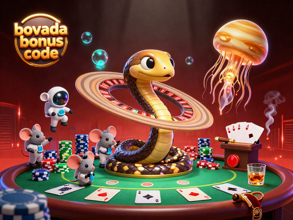 Immerse in the universe of Bovada bonus code with a cosmic casino scene featuring 3D characters and poker elements.