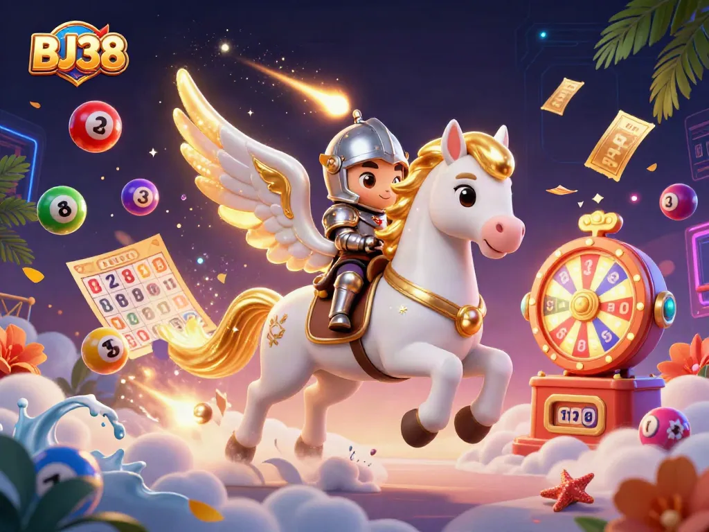 Engage with BJ38 lottery excitement in a vibrant celestial casino scene filled with prizes.