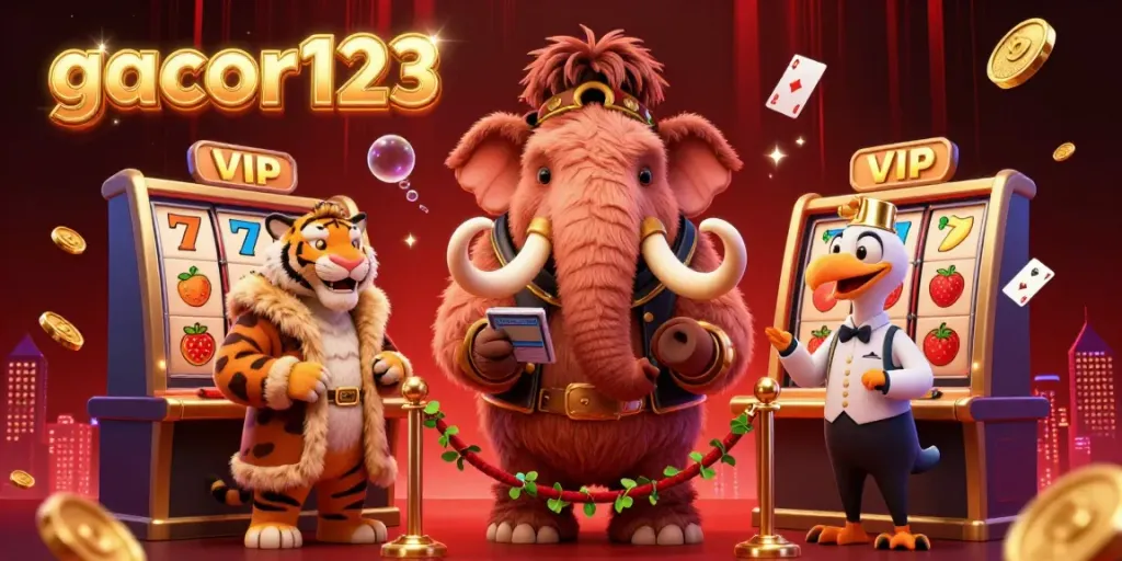Experience the glamour of gacor123 with a vibrant 3D illustration of casino characters welcoming guests.