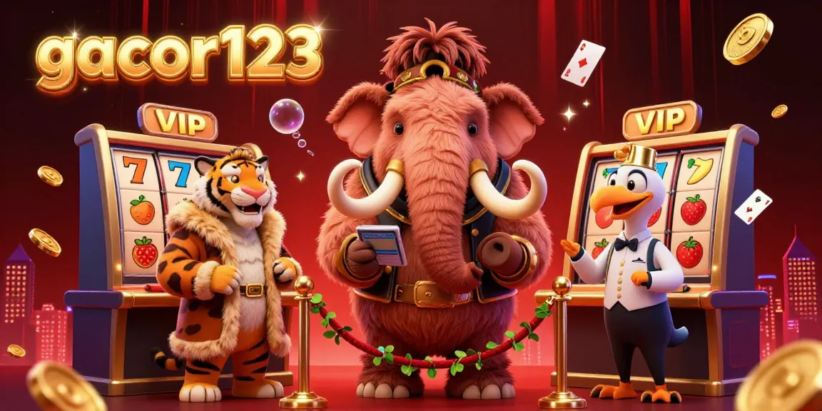 Experience the glamour of gacor123 with a vibrant 3D illustration of casino characters welcoming guests.