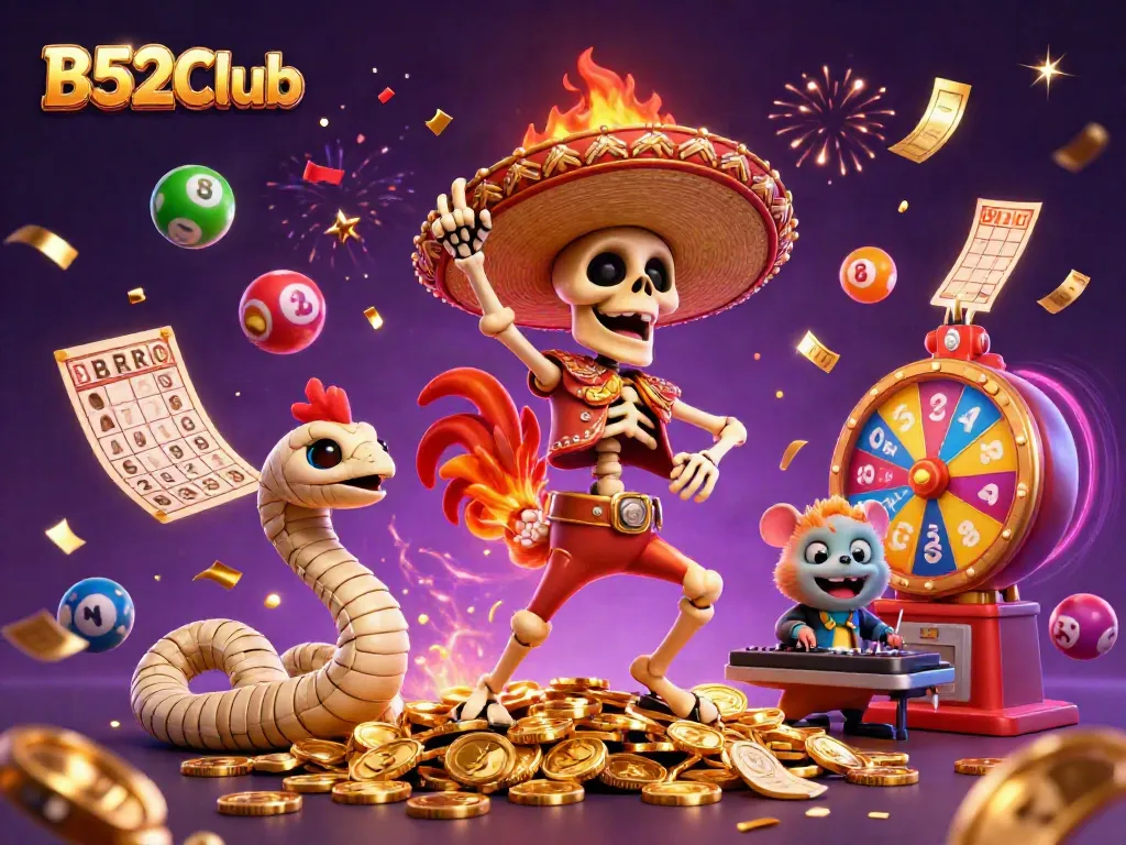 Experience the excitement of B52Club with vibrant lottery elements and dynamic characters celebrating a big win.