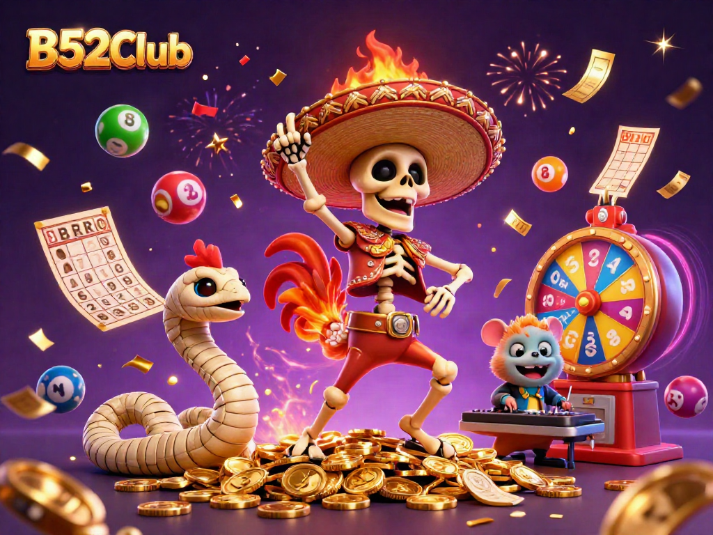 Experience the excitement of B52Club with vibrant lottery elements and dynamic characters celebrating a big win.