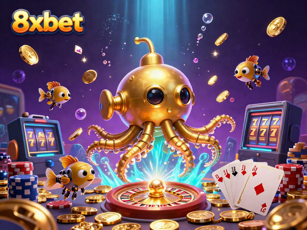 Experience excitement with 8xbet as a golden kraken submarine emerges in a sea of casino riches.