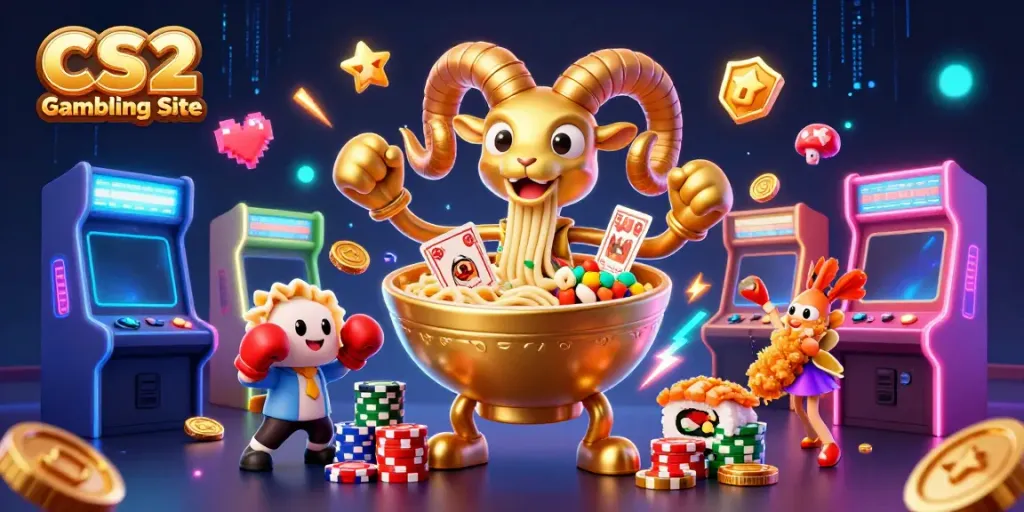 Engaging scene of a CS2 Gambling Site with a giant ramen bowl dealer and colorful gaming elements.