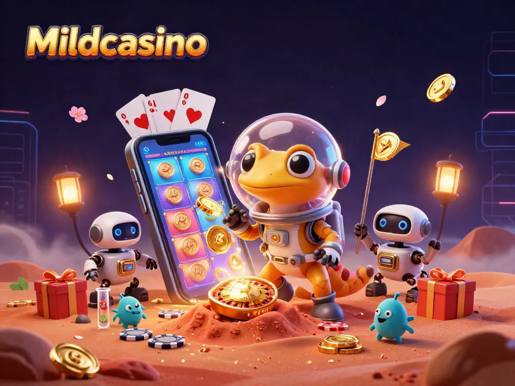 Mildcasino showcases a vibrant, 3D illustration of a Martian gecko exploring a golden casino, complete with gaming elements.