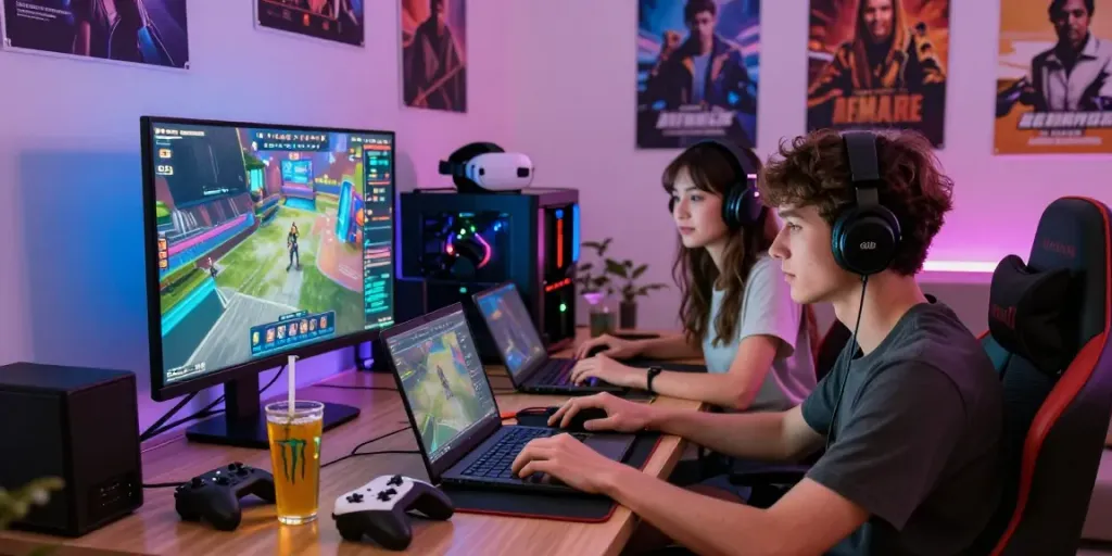 Menang66: Momen seru dua gamer muda beraksi dalam permainan online dengan aksesori gaming, di lingkungan rumah yang nyaman.
