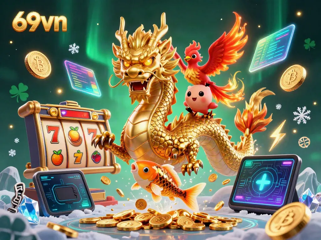 Experience thrilling gaming with the stunning 69vn scene featuring a dragon, phoenix, and koi fish among jackpots.