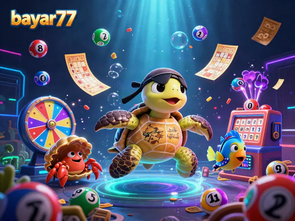 Experience seamless gameplay with bayar77 in this vibrant 3D casino scene featuring colorful lottery elements.