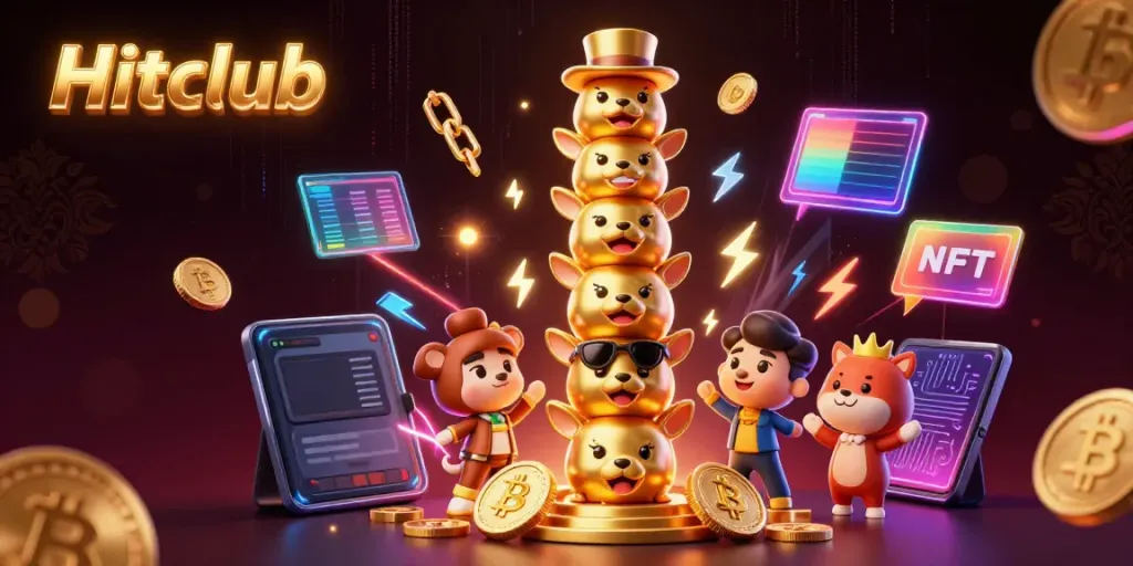 Engage with Hitclub, a vibrant online casino scene filled with animated characters and crypto elements.
