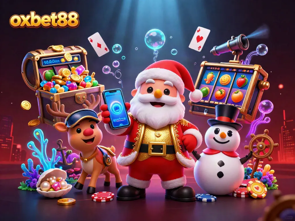Level up with oxbet88's vibrant 3D casino scene featuring Santa, a reindeer dealer, and a poker snowman amidst thrilling game elements.