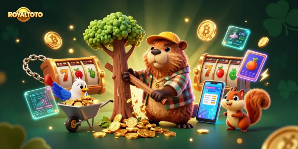 Get ready for winning excitement with ROYALTOTO as the beaver collects gold coins and jackpots!