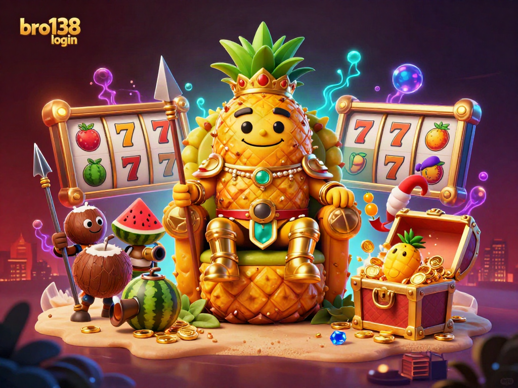 Engage with bro138 login in this vibrant casino-themed illustration showcasing a tropical gaming king and dynamic game elements.