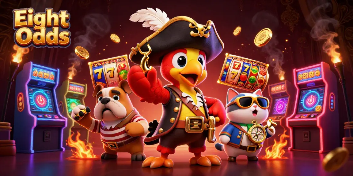Engage with the immersive Eight Odds themed online casino games scene featuring vibrant slot reels and arcade elements.
