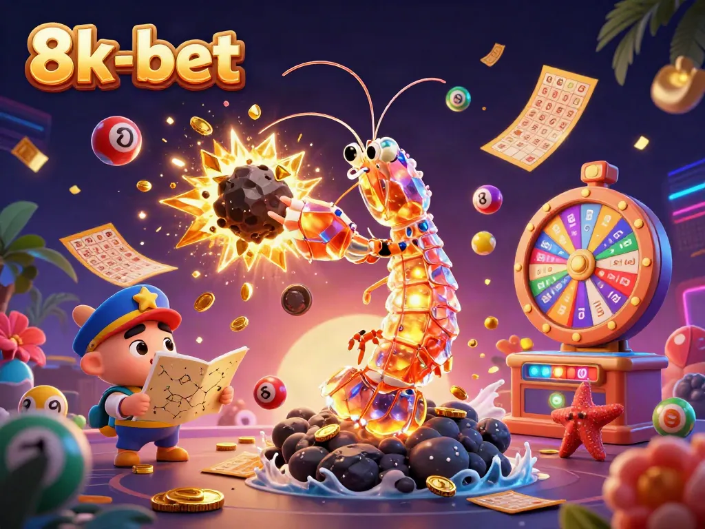 8k-bet creates excitement with a galactic samurai mantis shrimp amidst a lottery explosion in this vibrant casino scene.