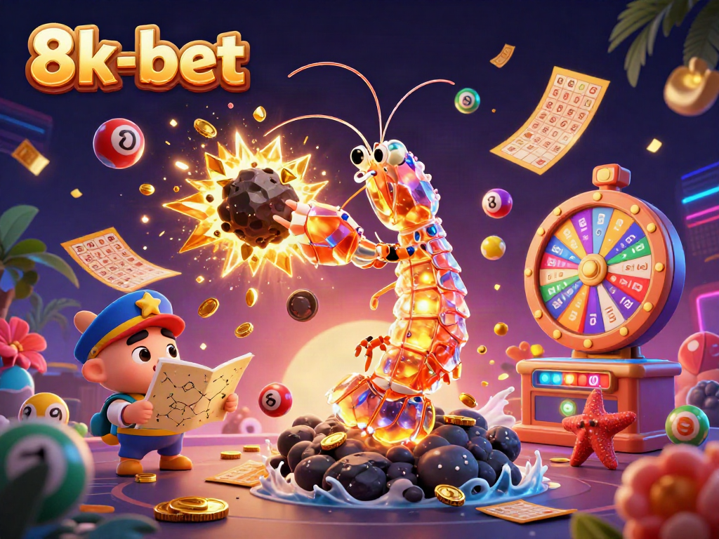 8k-bet creates excitement with a galactic samurai mantis shrimp amidst a lottery explosion in this vibrant casino scene.