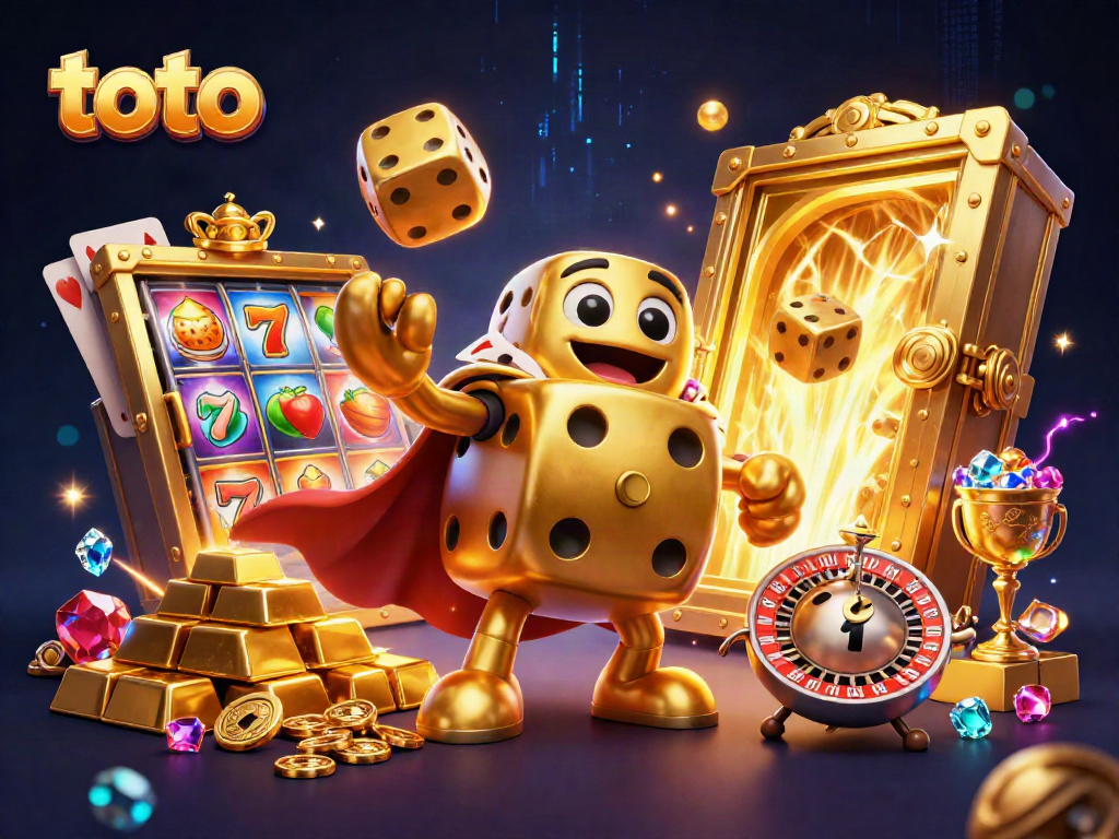 Engage with the dynamic toto casino scene showcasing golden dice, treasure, and rich gambling elements.