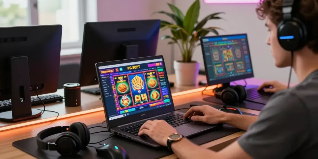 Player enjoying situs slot gacor thailand experience on a laptop with vibrant game display.