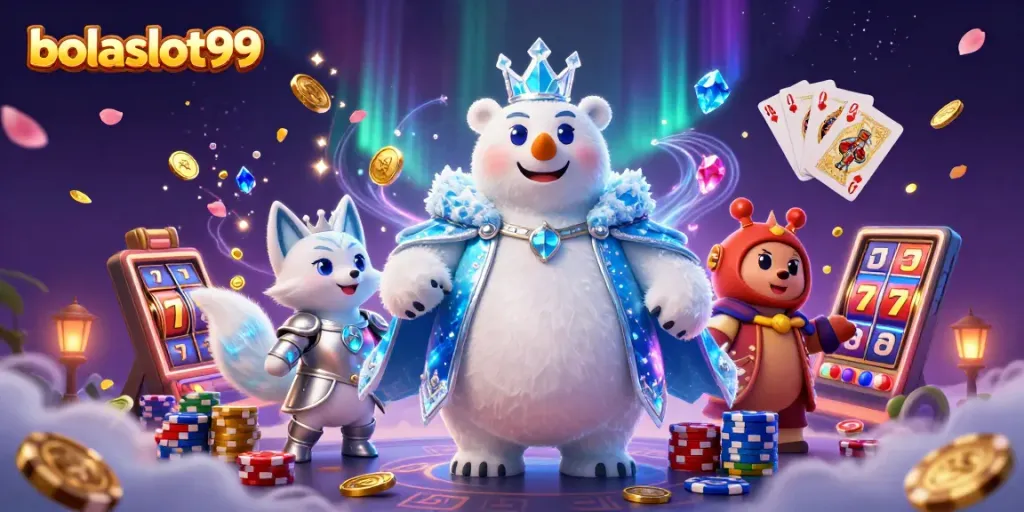 Bolaslot99 gaming scene with a polar bear king, snow fox, and dynamic casino elements.