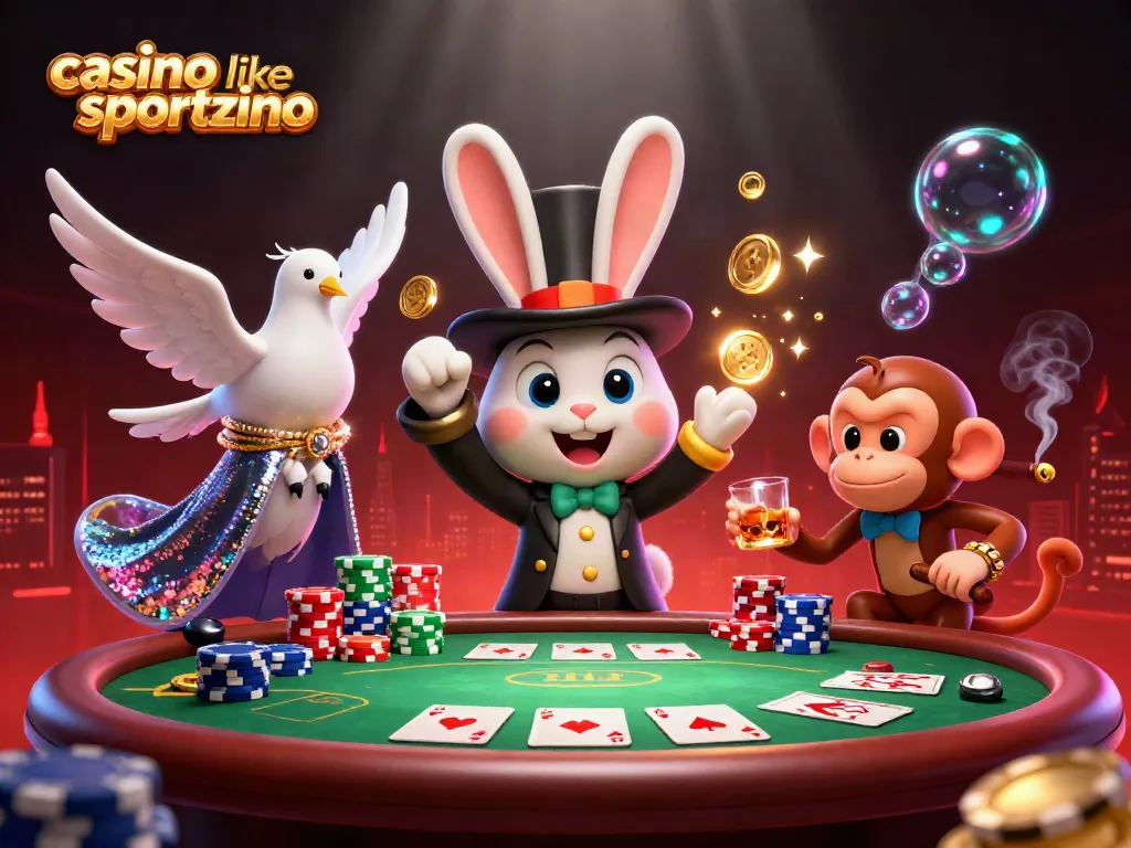 Engage in thrilling gameplay at casino like sportzino with our vibrant casino scene filled with characters and poker elements.