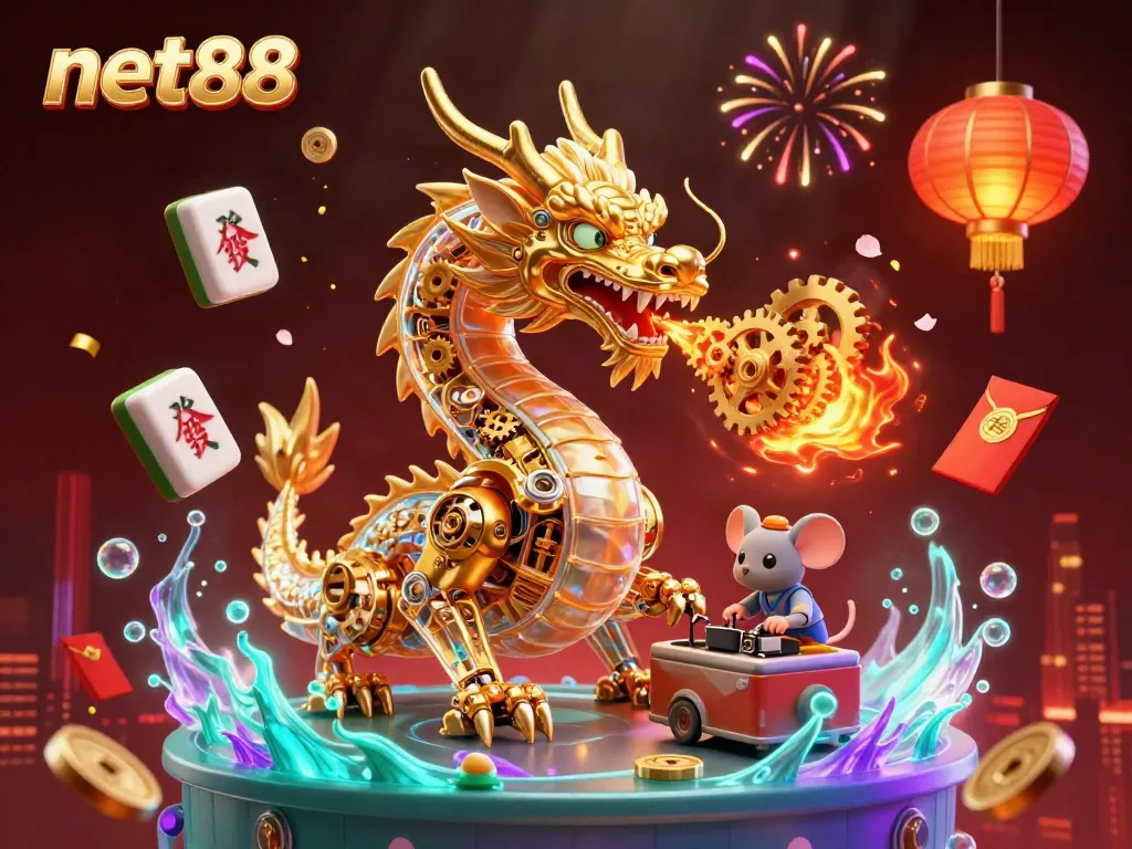 Experience the magic of net88 with a golden dragon and vibrant gaming elements in a dynamic casino scene.