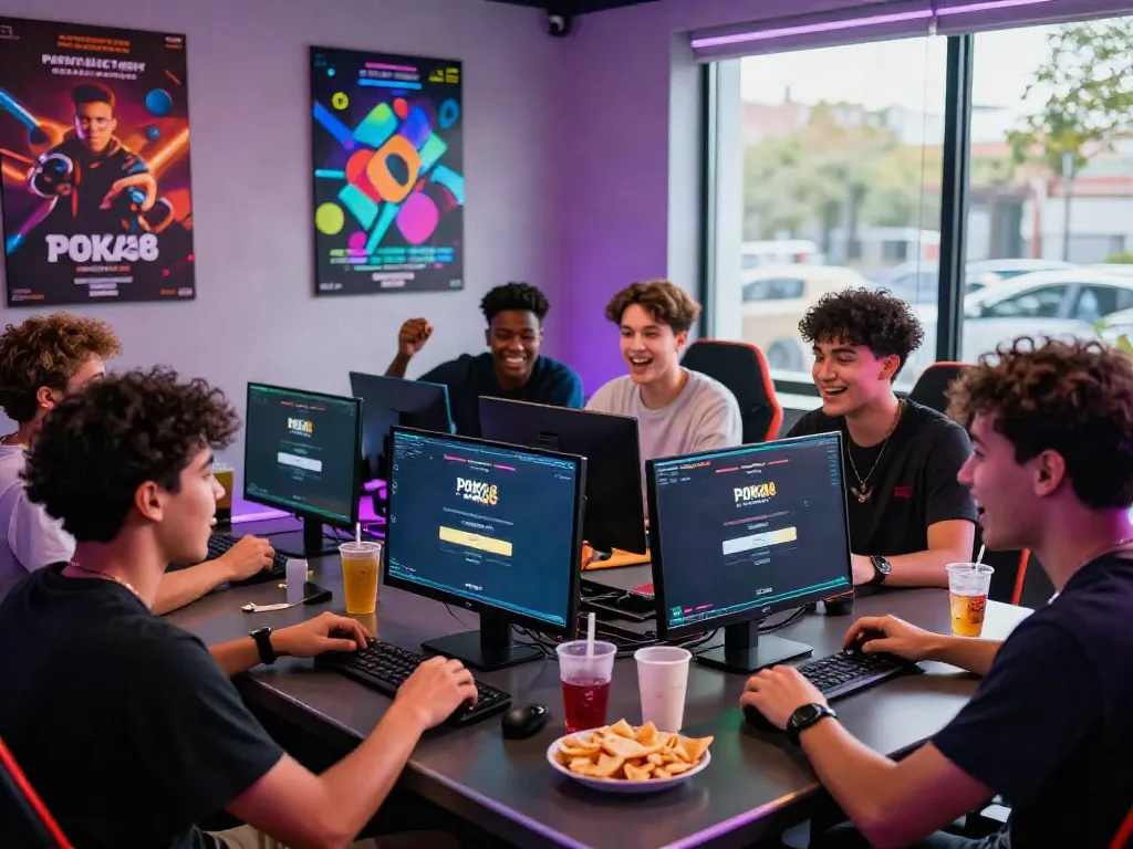 Friends engaging with the POKA88 link login screen in an energetic gaming environment
