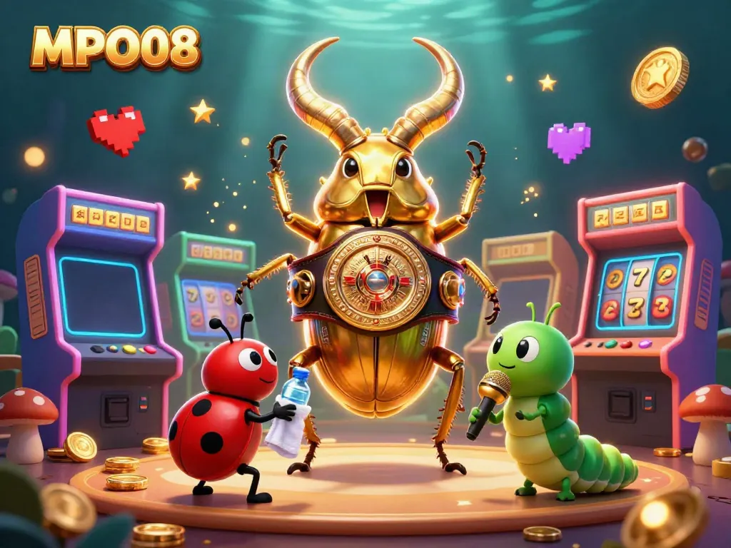 MPO08 showcases a giant stag beetle champion battling in a vibrant casino scene with arcade games.