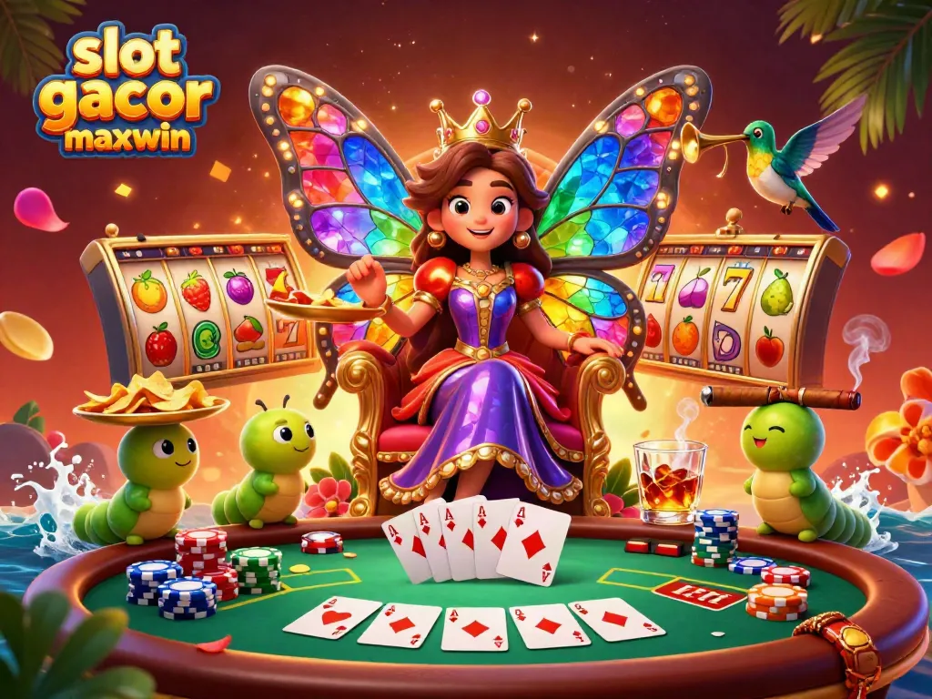 Engage with the slot gacor maxwin world through this vibrant scene featuring a butterfly queen and cheerful elements.