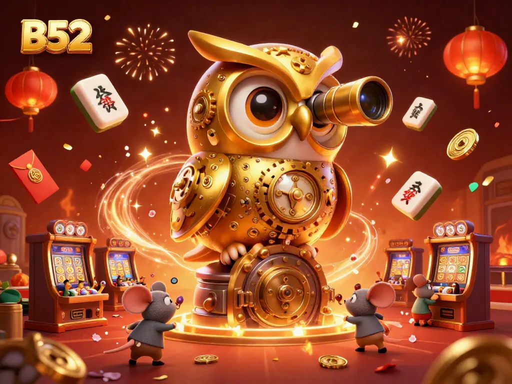 Experience the excitement of B52 casino gameplay with a dynamic scene featuring a clockwork owl and festive elements.