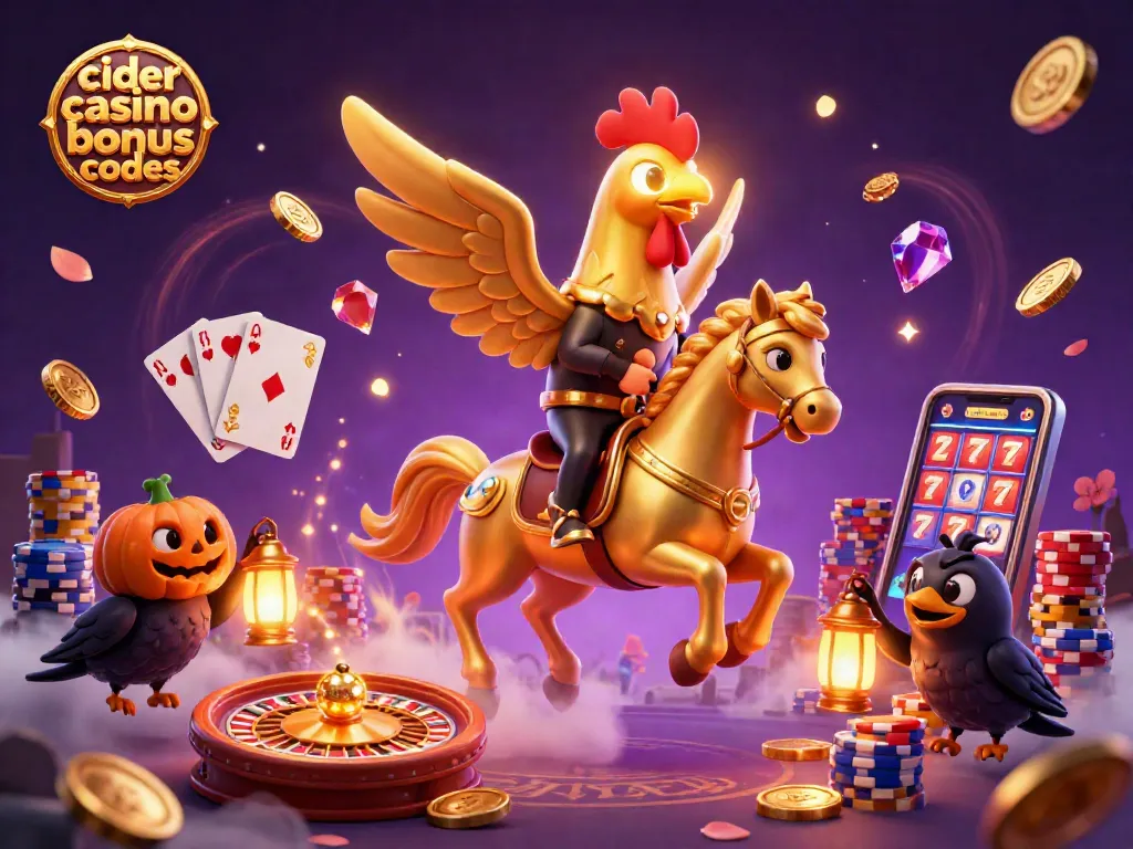 Cider casino bonus codes visualizes a golden rooster and pumpkin-headed crows in a vibrant casino scene, showcasing winning opportunities.