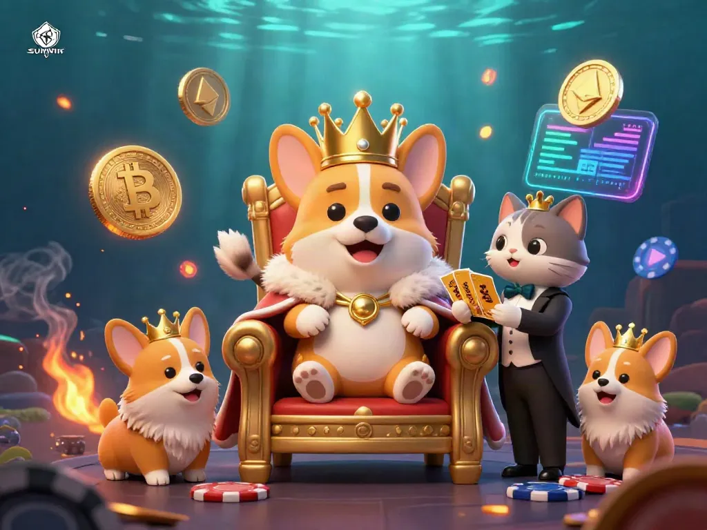 Experience the thrill of SUNWIN with a royal corgi on a poker chip throne amidst an opulent casino scene.
