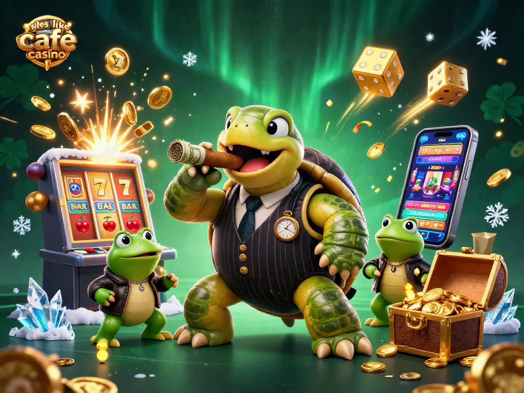 Engage with games like Cafe Casino featuring a snapping turtle mobster and a vibrant casino scene.