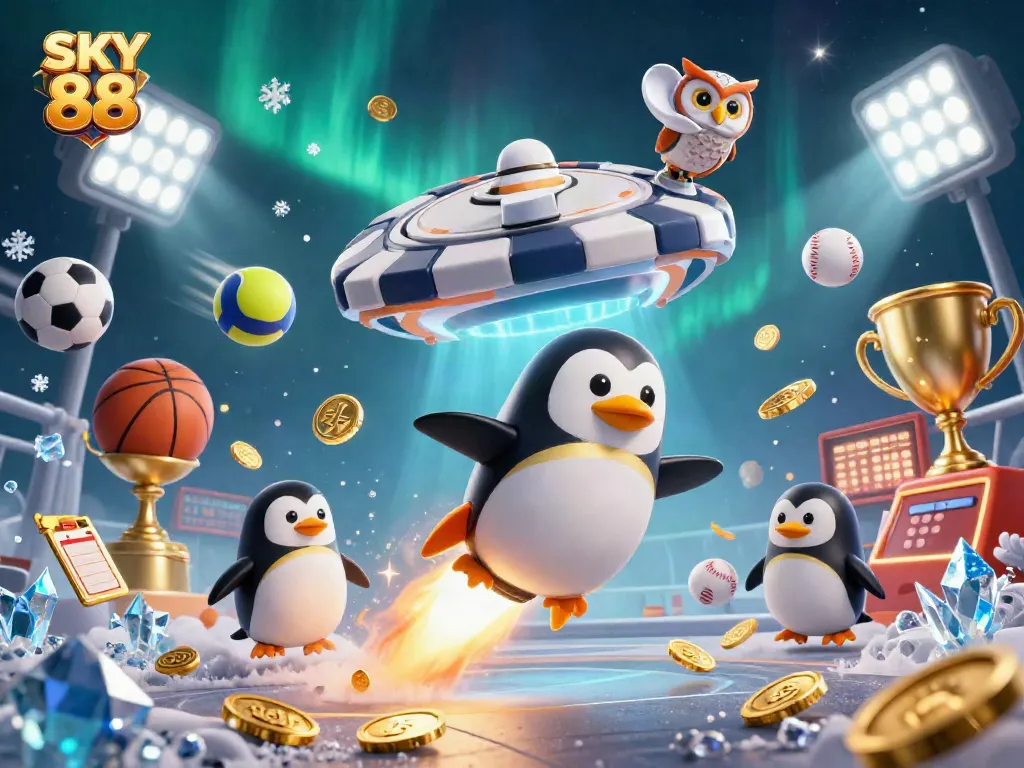 Engage with SKY 88 at a dynamic casino space station as a golden penguin and sports elements collide.