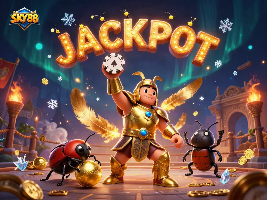 SKY88 signifies a thrilling jackpot moment with a gladiator beetle lifting a poker chip in celebration.