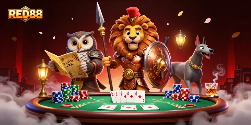 Join the action at RED88 with a Spartan lion, clever owl, and swift greyhound among poker chips.