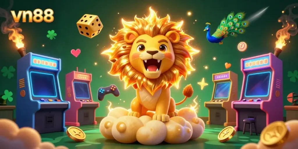 Experience gaming excitement with vn88 as a roaring lion and golden dice dance amid colorful casino elements.