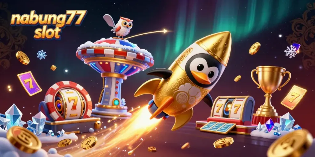 Experience the action of nabung77 slot with a golden penguin and exciting casino elements.
