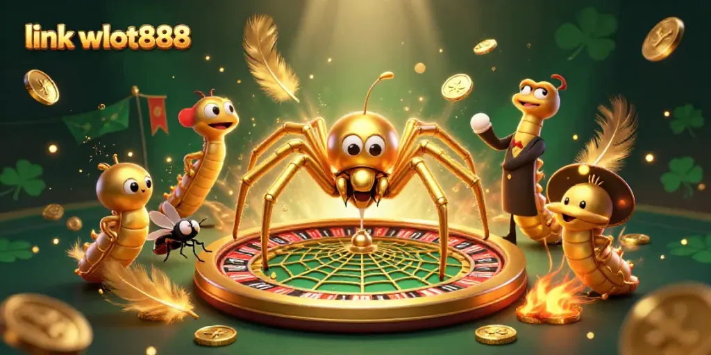 Bermain slot di link wslot888 dengan laba-laba emas dan croupier centipede yang menarik perhatian.