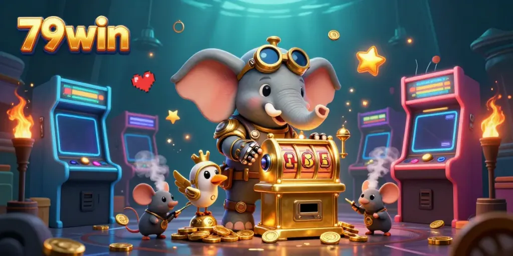 Experience vibrant gaming action at 79win with a steampunk elephant engineer and dynamic casino elements.