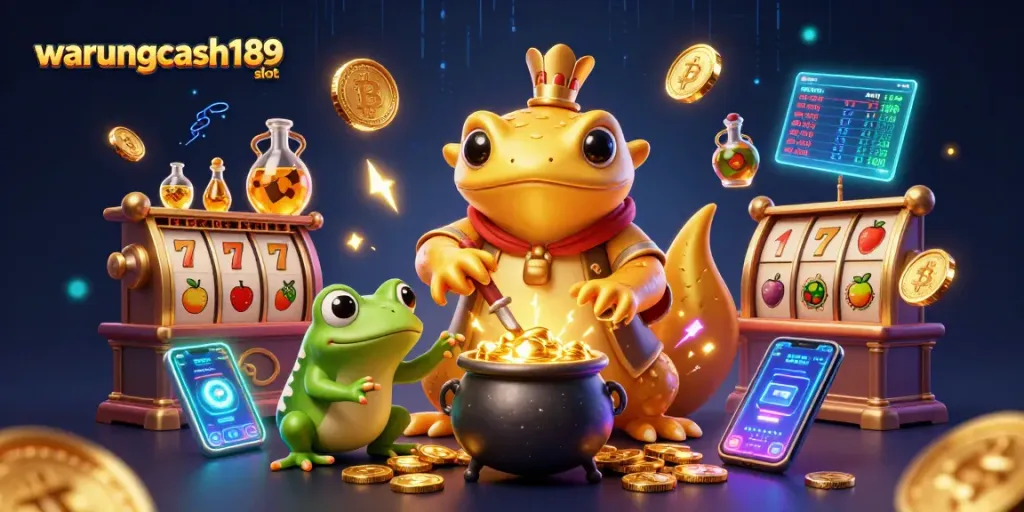 Engage with warungcash189 slot, featuring golden alchemist characters and vibrant slot elements in a magical setting.