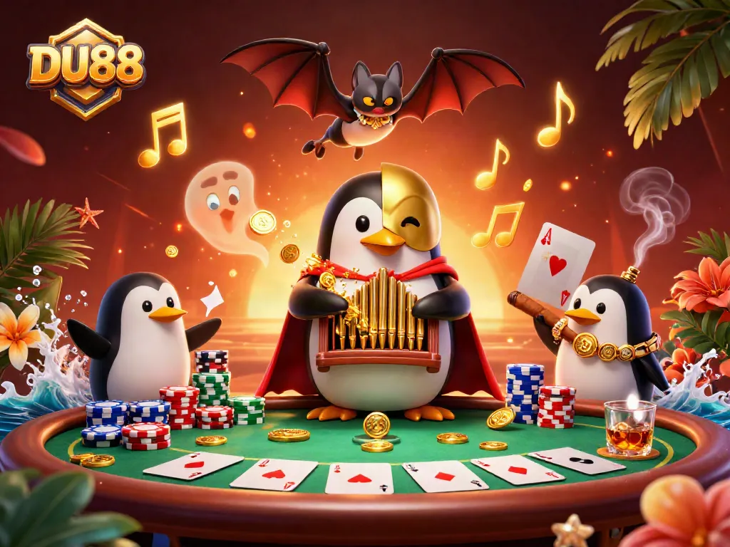 Experience the thrill of DU88 with a vibrant casino scene featuring a penguin, poker elements, and dynamic gold effects.