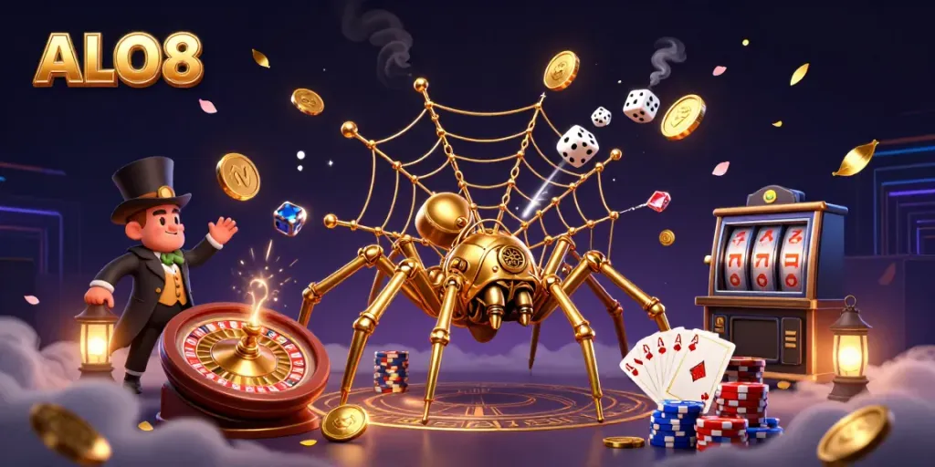 Experience immersive ALO8 gaming with a dynamic steampunk casino scene filled with golden elements.