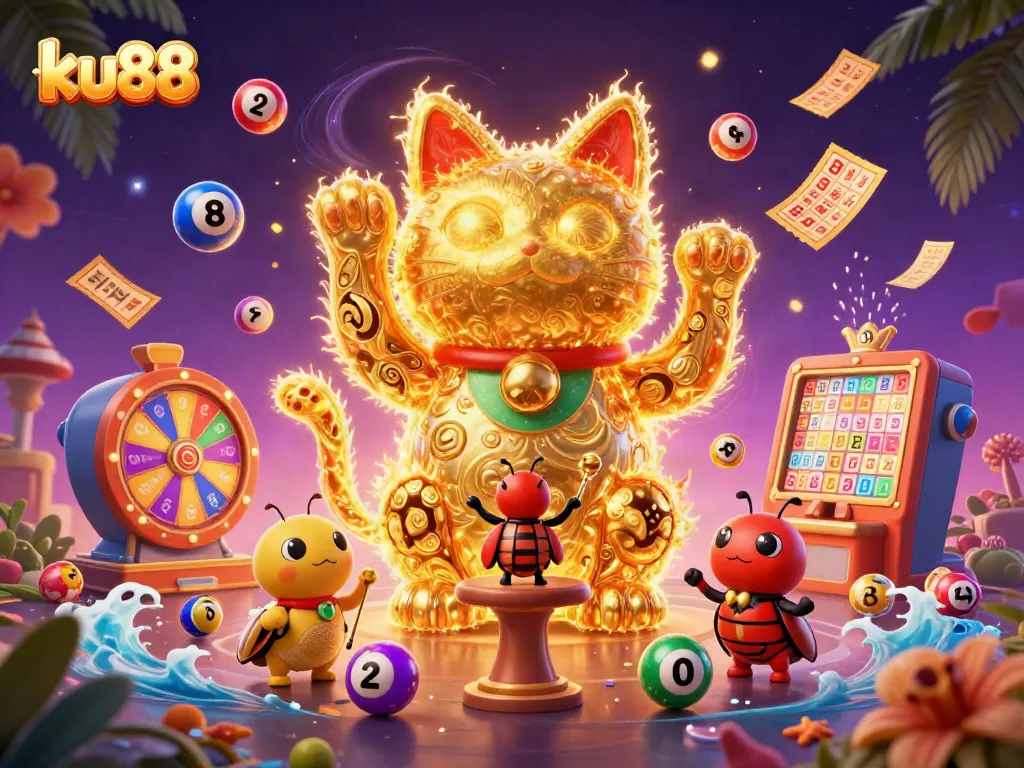 Play with ku88's vibrant casino symbols in a dynamic lottery-themed 3D illustration.