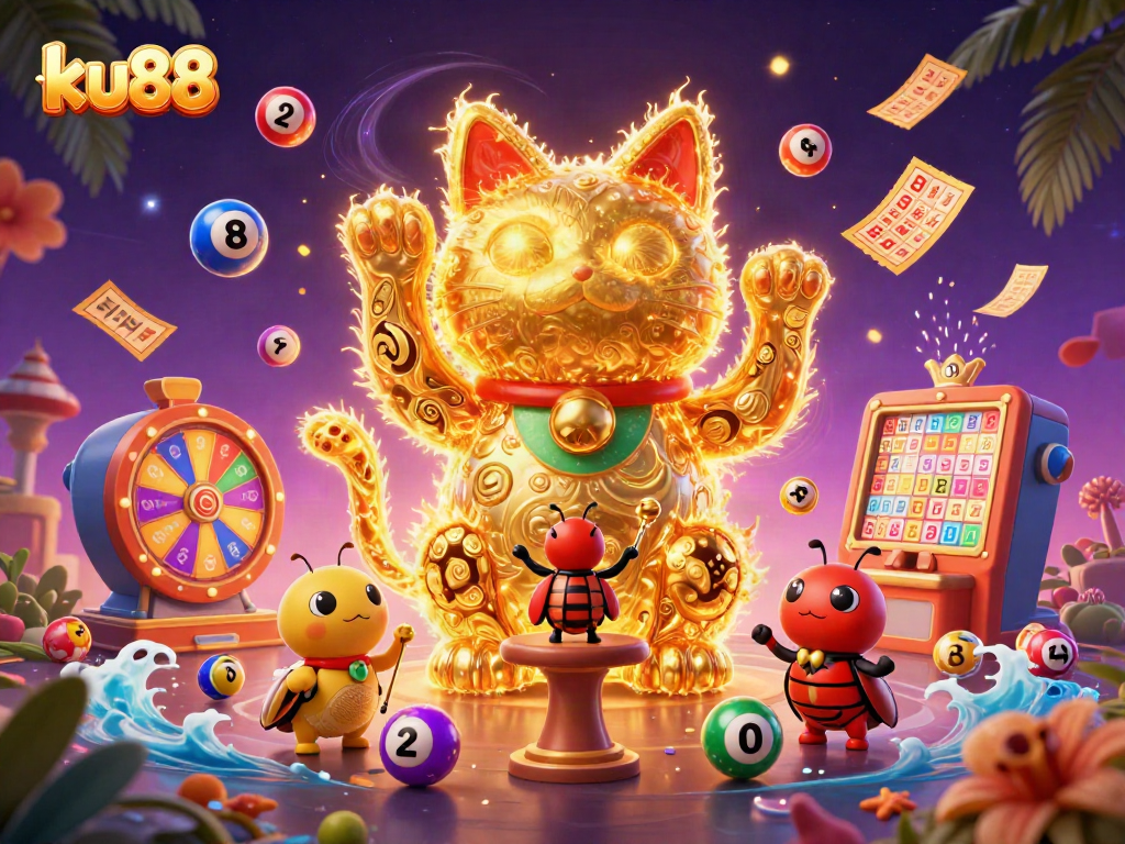 Play with ku88's vibrant casino symbols in a dynamic lottery-themed 3D illustration.