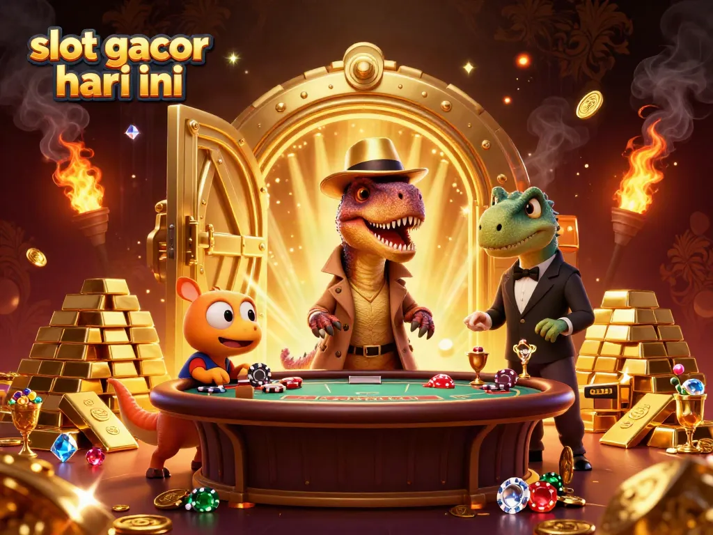 Menghadirkan slot gacor hari ini, seekor velociraptor dihias memainkan blackjack dengan boss stegosaurus dan kompi mencuri chip di sekitarnya.
